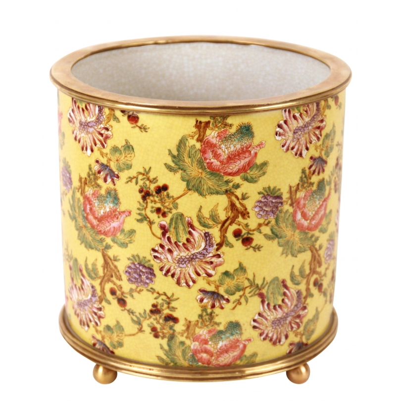 Cache-pot rond en porcelaine "Fleurs", jaune Grand