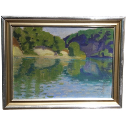 Huile sur toile \"Bord de rivière\"