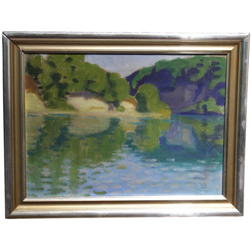 Huile sur toile "Bord de rivière"