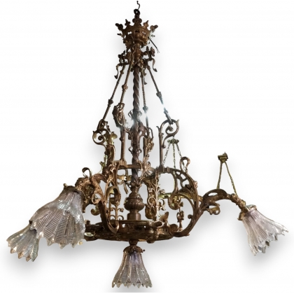 Lustre et deux appliques \"Dragon\" en bronze