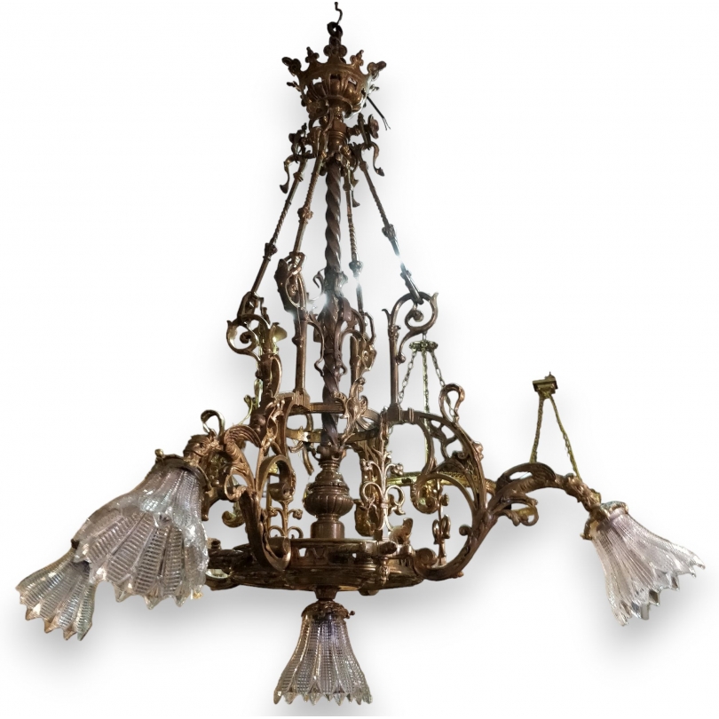 Lustre et deux appliques \"Dragon\" en bronze