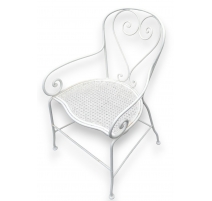 Fauteuil en fer forgé blanc, assise en cannage