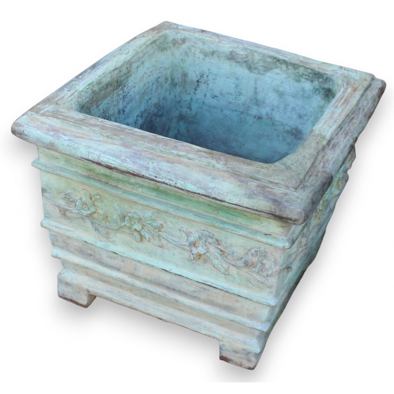 Square planter with bronze floral decoration