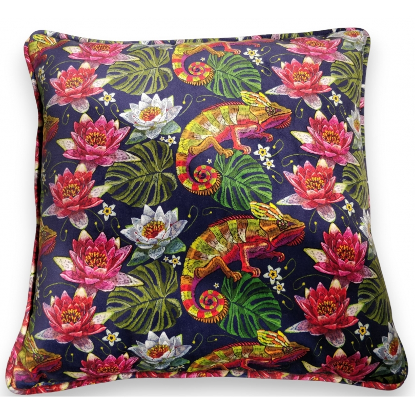 Chameleon and flowers velvet cushion