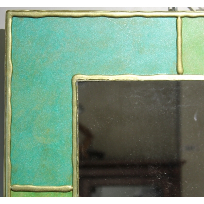 Miroir carré à cadre peint vert et or signé EKAW