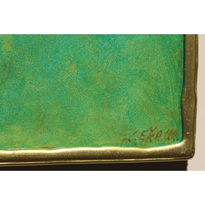 Miroir carré à cadre peint vert et or signé EKAW