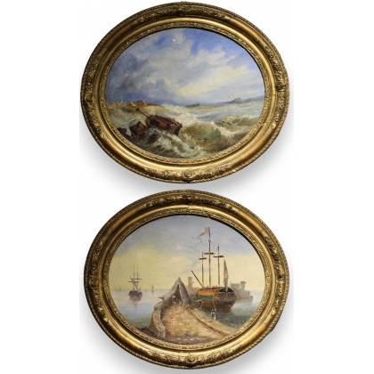 Paire de tableaux ovales \"Marine\"