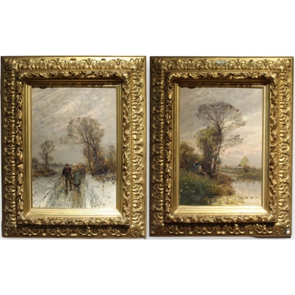 Paire de tableaux \"Paysages des Flandres\" signés