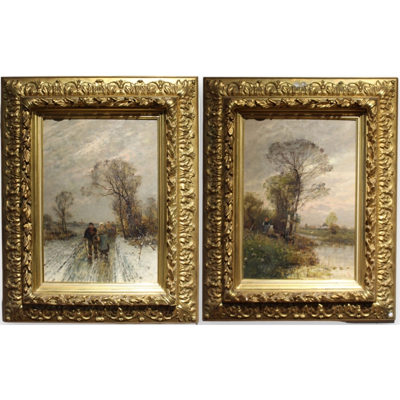 Paire de tableaux \"Paysages des Flandres\" signés