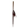 Red silk parasol with a wooden handle and a pompom