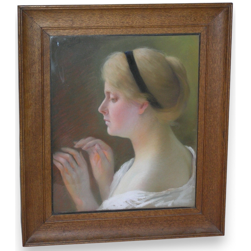 Pastel "Portrait, jeune fille"  sur Moinat SA  - Antiquités décoration -  Gouaches, Aquarelles, Pastels