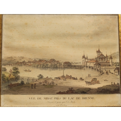 Gravure "Vue de Nidau" par ABERLI
