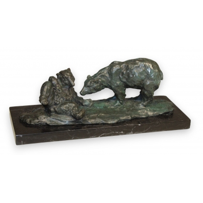 Ours et son petit en bronze, socle en marbre noir