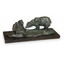 Ours et son petit en bronze, socle en marbre noir