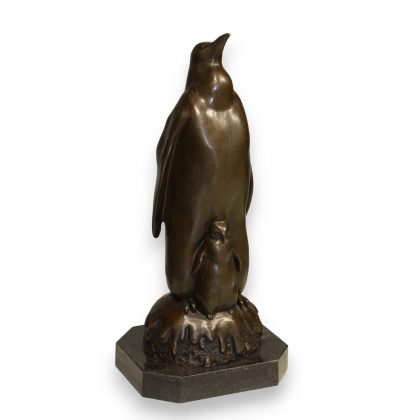 Pingouin et son petit en bronze, socle en marbre