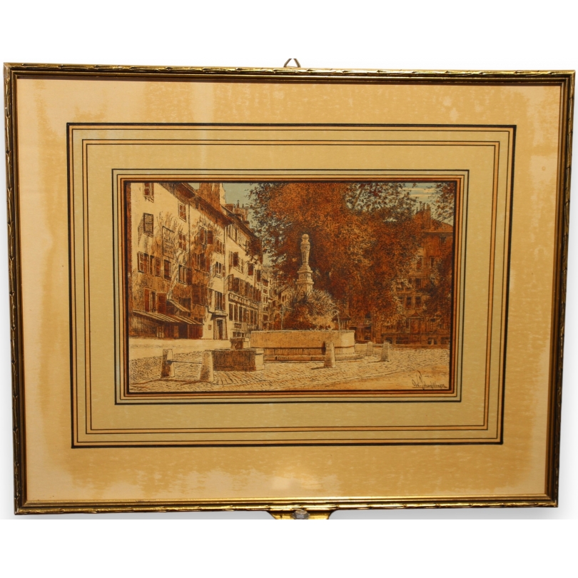 Aquarelle "Fontaine du Bourg de Four,  sur Moinat SA  - Antiquités décoration -  Gouaches, Aquarelles, Pastels
