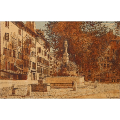 Aquarelle "Fontaine du Bourg de Four,  sur Moinat SA  - Antiquités décoration -  Gouaches, Aquarelles, Pastels