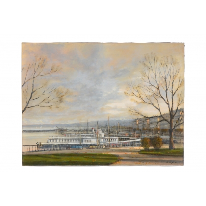 Tableau \"Quai Gustave-Ador\" signé DELAPIERRE