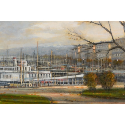 Tableau \"Quai Gustave-Ador\" signé DELAPIERRE