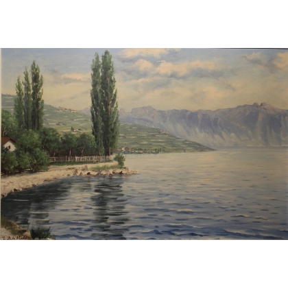 Tableau \"Le Lavaux\" signé E D. DE MADELIN