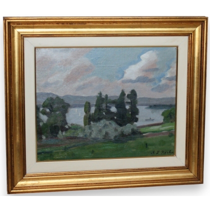 Tableau \"Lac et arbres\".