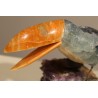Toucan en calcite turquoise et socle améthyste