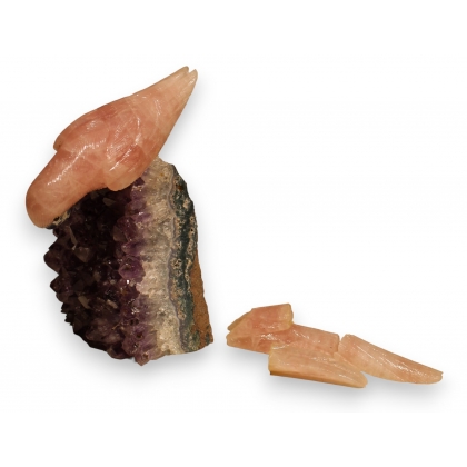 Perroquet en quartz rose sur une Améthyste