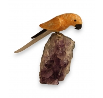 Perroquet en calcite orange et améthyste