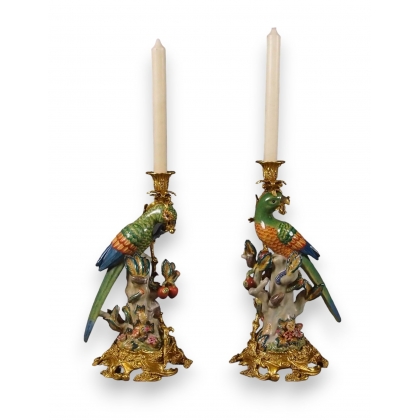 Paire de bougeoirs \"Perroquets multicolore\"