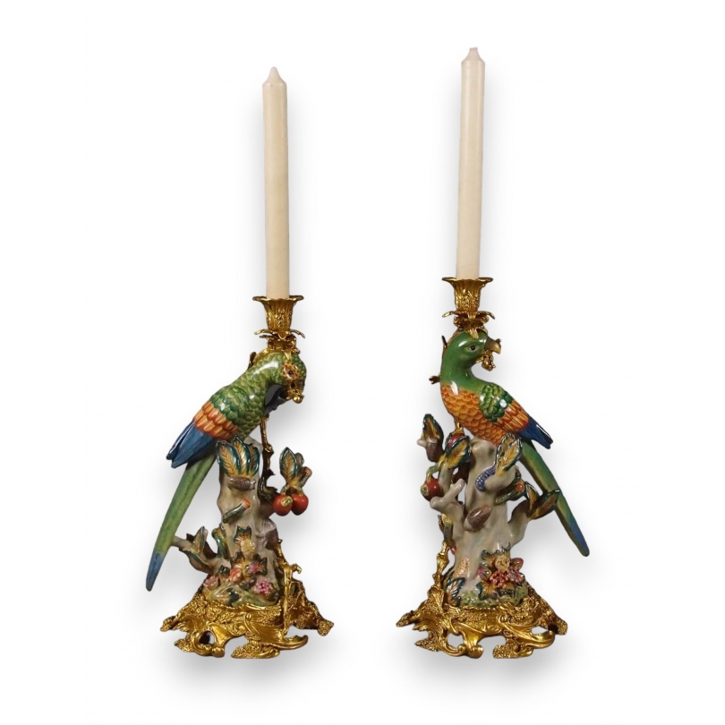 Paire de bougeoirs \"Perroquets multicolore\"