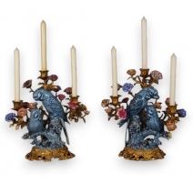 Paire de bougeoirs "Couple de perroquets bleus"