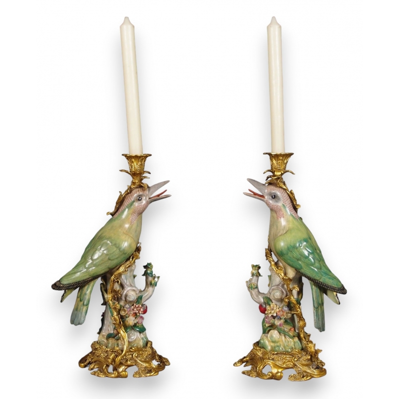 Paire de bougeoirs "Oiseaux verts"