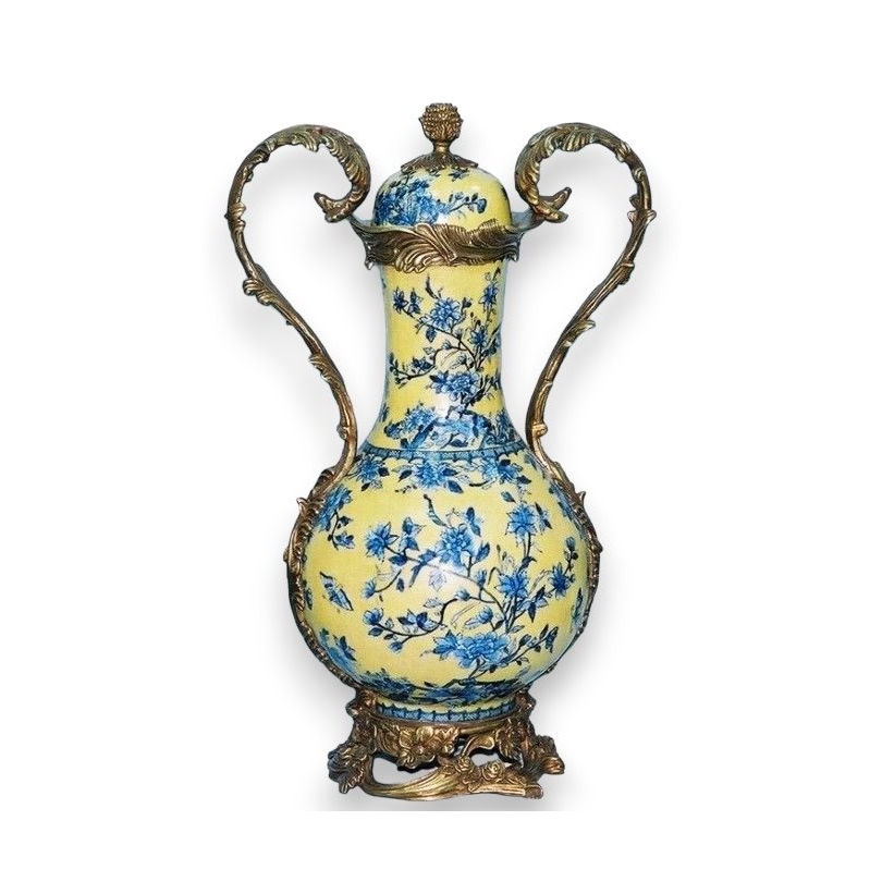 Vase couvert en porcelaine jaune et bleue