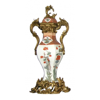 Vase couvert en porcelaine Grue et roseaux