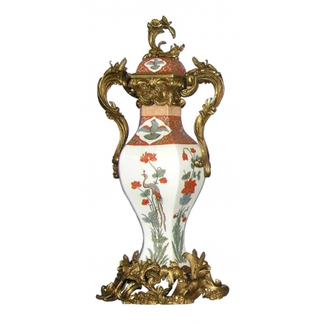 Vase couvert en porcelaine Grue et roseaux