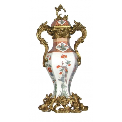 Vase couvert en porcelaine Grue et roseaux