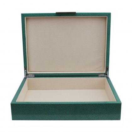 Box in green and silver imitation stingray leather