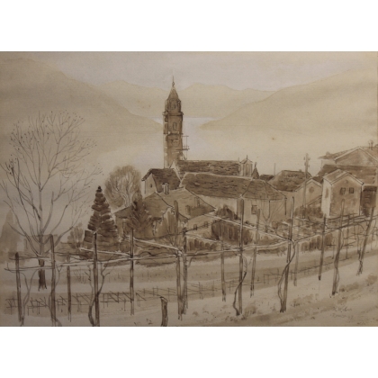 Aquarelle sépia "Lac Majeur" signé H. WEBER 47