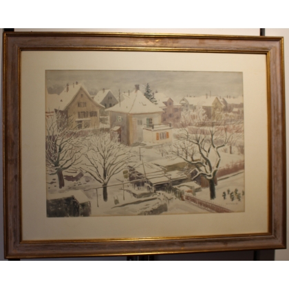 Aquarelle "Village sous la neige" signé H. WEBER