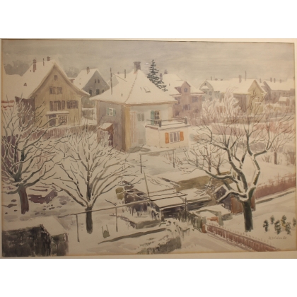 Aquarelle "Village sous la neige" signé H. WEBER