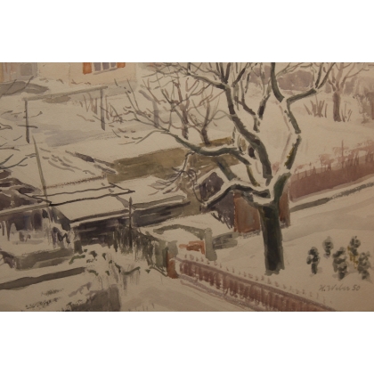 Aquarelle "Village sous la neige" signé H. WEBER
