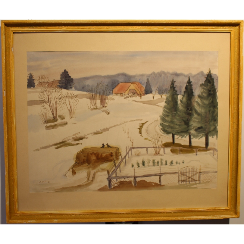 Watercolour painting ‘Farm in the Snow’ signed H. WEBER 34
