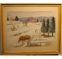 Aquarelle "Ferme sous la neige" signé H. WEBER 34