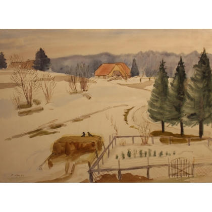 Watercolour painting ‘Farm in the Snow’ signed H. WEBER 34