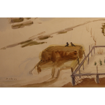 Watercolour painting ‘Farm in the Snow’ signed H. WEBER 34