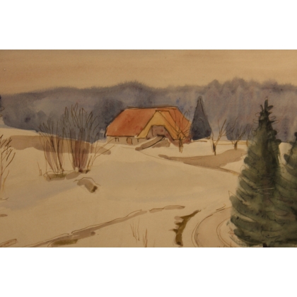 Watercolour painting ‘Farm in the Snow’ signed H. WEBER 34