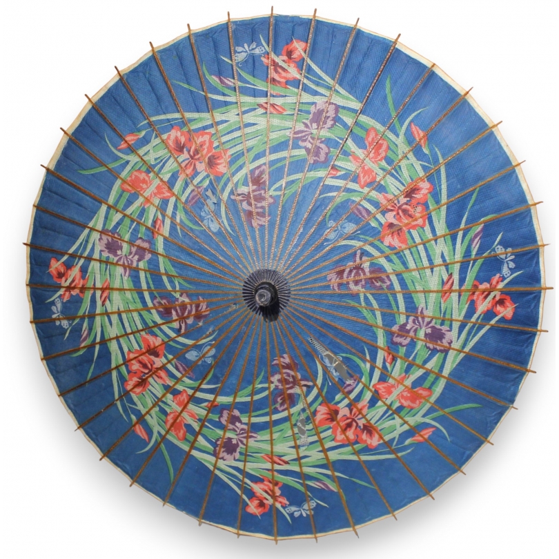 Ombrelle chinoise en bambou, papier bleu à fleurs