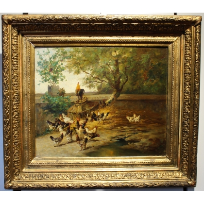 Tableau \"Basse-cour\" signé J. COPPENOLLE