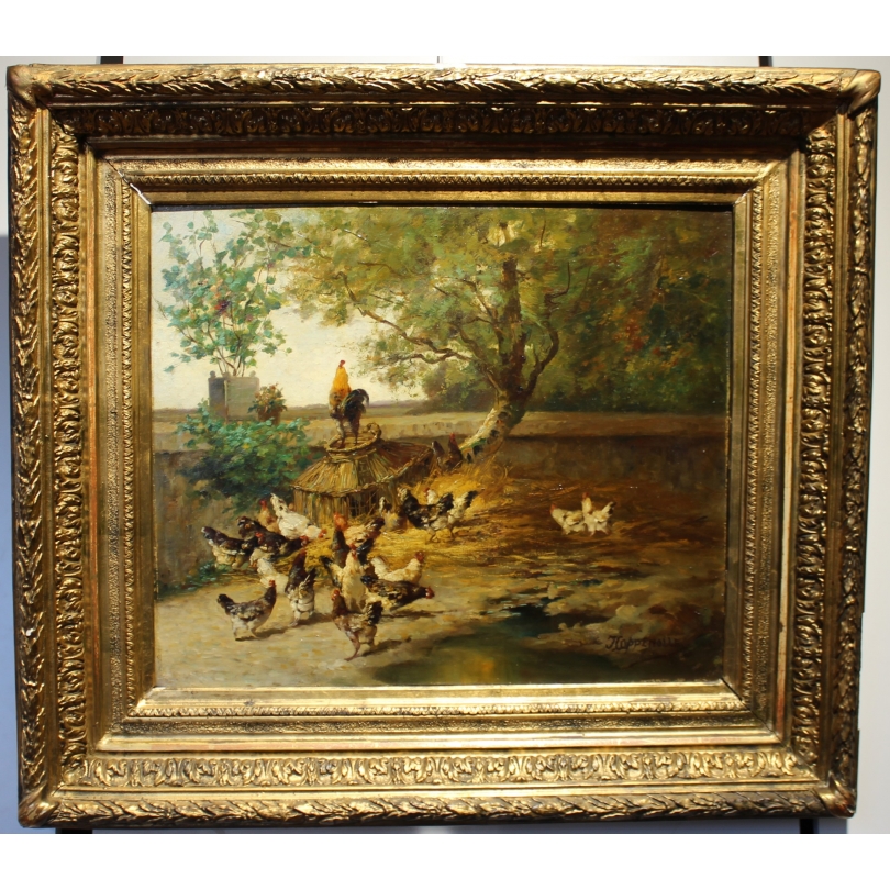 Tableau \"Basse-cour\" signé J. COPPENOLLE