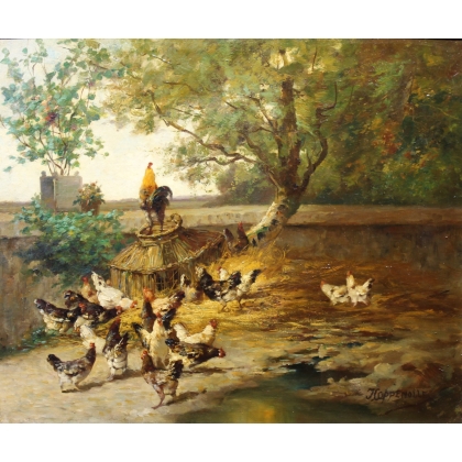 Tableau \"Basse-cour\" signé J. COPPENOLLE